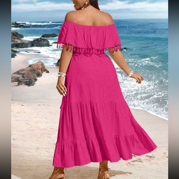 Boho burgundy plus size off shoulder tassel detail maxi dress - Picture 16 of 16